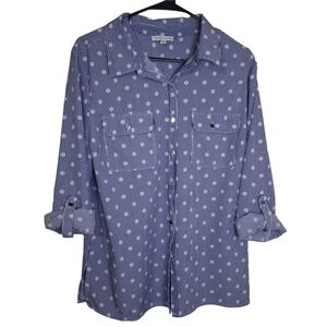 Notations Blue and White Striped Button-Down Shirt with Dot Print